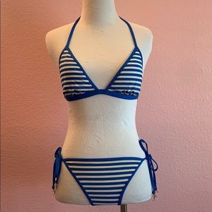 Juicy Couture blue and cream striped bikini small